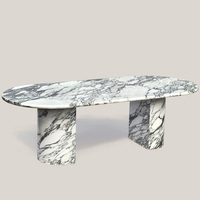Breccia Grey Vein Marmor Esstisch Organische Längliche Eierförmige Platte Asymmetrischer Versetzter Doppelrundblock-Sockel Dinner-Tisch