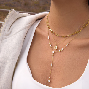 Collier en acier inoxydable plaqué or avec zircone cubique ronde au design exquis, chaîne en <span class=keywords><strong>Y</strong></span>, collier pour pull, bijoux - Product Image 1