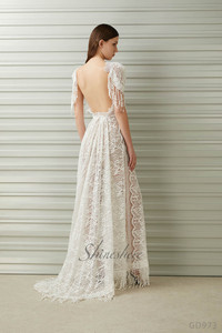 아름다운 레이스 짧은 소매 높은 분할 등이없는 알라인 웨딩 원피스 신부 가운 - Product Image 4