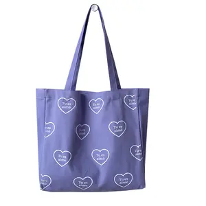 Ginzeal Heart Design Handbags Large Capacity Purple Cotton Custom Tote Bag Decorated Canvas Tote Bags for Girls