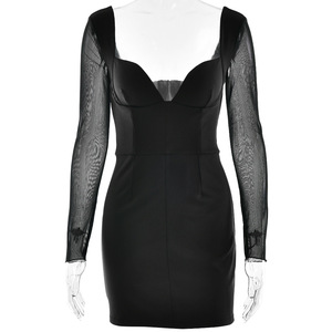 Vestido de noche estilo europeo-americano para mujer, sin espalda, de malla, manga larga, ajustado, con escote corazón y falda corta transparente. - Product Image 5