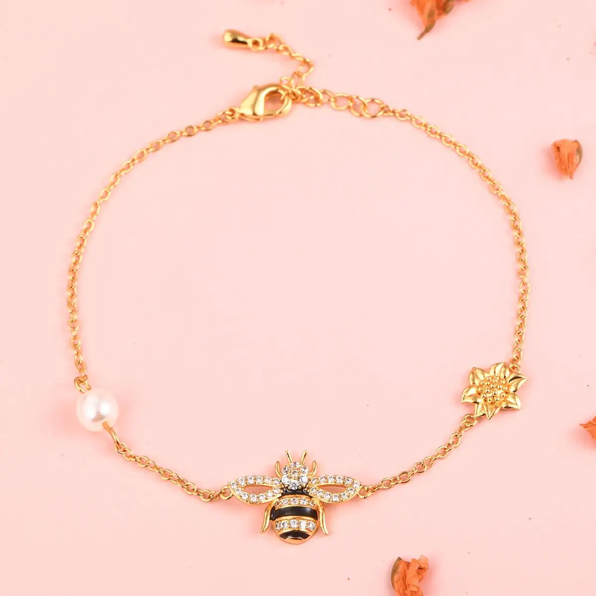 Bee bracelet and bangles pearl gold plated sun flower bracelet for girls women 925 silver bracelet