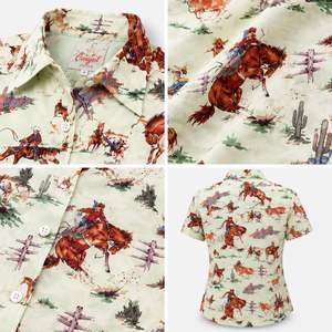 Camisa Western para <span class=keywords><strong>Mujer</strong></span> con Botones de Perla, Estampado <span class=keywords><strong>Vaquero</strong></span> Vintage, Manga Corta, Blusa de Rodeo para Cowgirl, Verano, Logotipo Personalizado - Product Image 3