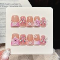 Ongles à presser en acrylique faits main, dégradé rose nude, forme carrée, fleurs 3D, nœuds irisés, breloques ruban perlé, certifiés SPA