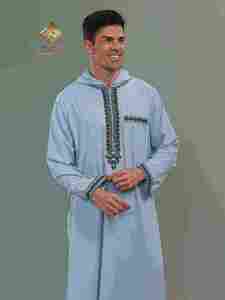 Al Haramain <b>Men's</b> Hooded <b>Thobe</b> Long Sleeve Cotton Floor Length Modest Prayer Robe Solid Light Blue Morocco style - Product Image 5