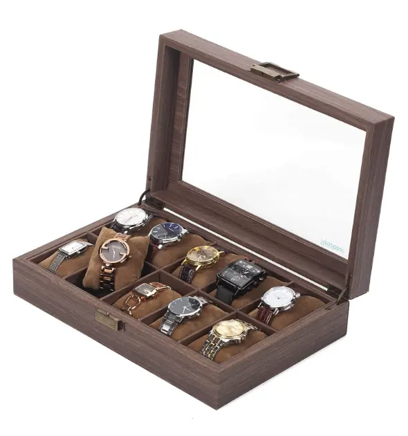 Fabricage Custom Horloge Mannen Organizer Houtnerf Horloge Display Opbergdoos Luxe Houten Horlogedoos Voor Mannen