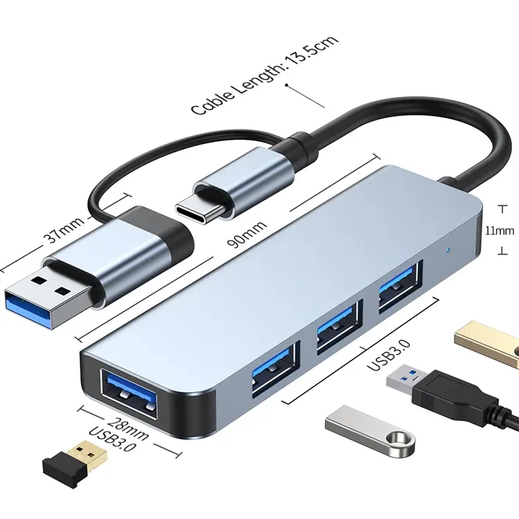 Type C to USB 3.0 Hub 4 Ports 4-in-1 Docking Station Ultra Slim USB Splitter Plug and Play for Air Surface Pro PC Flash Drive