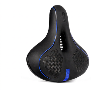Selle de vélo en cuir avec design évidé épaissi et trou central pour VTT - Confortable, respirante, noir et bleu - Product Image 1