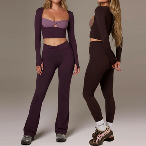 Best Selling Yoga Wear Sets for Women Color-Block Crop Top High Waist Slim Fitted Flared Pants Leggings Yoga Sports Fitness Set