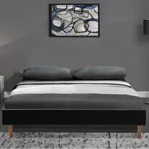 Plataforma de cuero negro de fácil montaje, cama doble de tapicería con cuatro pies de roble, nuevo diseño