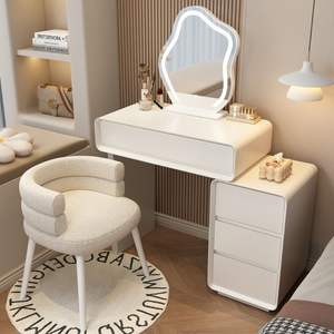 Coiffeuse en bois massif style crème <span class=keywords><strong>avec</strong></span> miroir, tiroirs et tabouret – <span class=keywords><strong>Table</strong></span> de maquillage moderne pour chambre et <span class=keywords><strong>table</strong></span> de chevet - Product Image 2