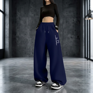 Women High Waist Wide Leg Sweatpants Navy Blue Letter Print Elastic Waist Side Pockets Full Length Casual Pants Autumn Style - Product Image 1