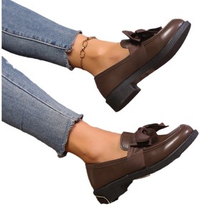 British Style Large Size Bow Slip-on Autumn Retro Flats Women's Thick Heel Small Leather Shoes - Product Image 5