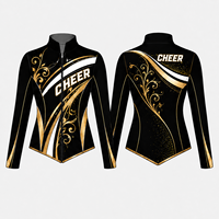 Setelan Seragam Cheerleading Custom Hitam Emas dengan Cetakan Scroll, Jaket Pemanasan, Legging, Sport Bra, Seragam Pertunjukan, Satu Tempat Belanja Lengkap