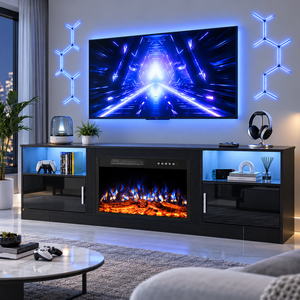 Meuble TV autoportant noir 75'' avec foyer artificiel 23'' intégré, idéal pour salon domestique - Vente Flash - Product Image 1
