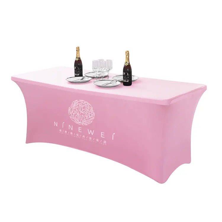 2023 Custom Fitted Tablecloth Spandex Printed 4FT Rectangle Pink Table Covers with Logo