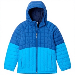 Blue <b>Hooded</b> <b>Puffer</b> <b>Jacket</b> Color Blocking Zipper Closure Windproof Winter Coat <b>Men</b> Casual Regular Fit Polyester Wadding - Product Image 1