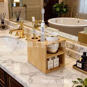 Estante de Baño de Madera de 2 Niveles, Rectangular, Independiente, Portacepillos de Dientes, Organizador de Almacenamiento, Duradero - Product Image 3
