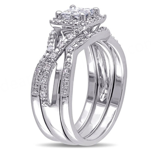 Conjunto de Joyería Nupcial de Tres Piezas en Plata de Ley con Baño de Rodio y Halo de Diamantes con Corte Princesa para Bodas, Fiestas y Aniversarios - Product Image 3