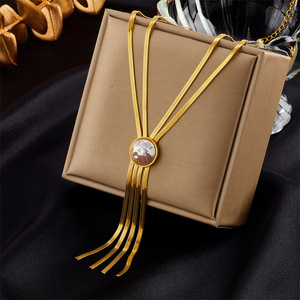 European American Design Pearl Round Multi Layer <b>Titanium</b> Steel Tassel Necklace Gift Jewelry Gold Color - Product Image 1
