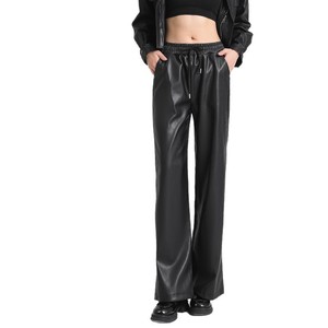 Pantalon en cuir PU noir pour femme, taille haute, jambe large, micro-élastique, style décontracté, travail, trajets quotidiens, sport - Product Image 5