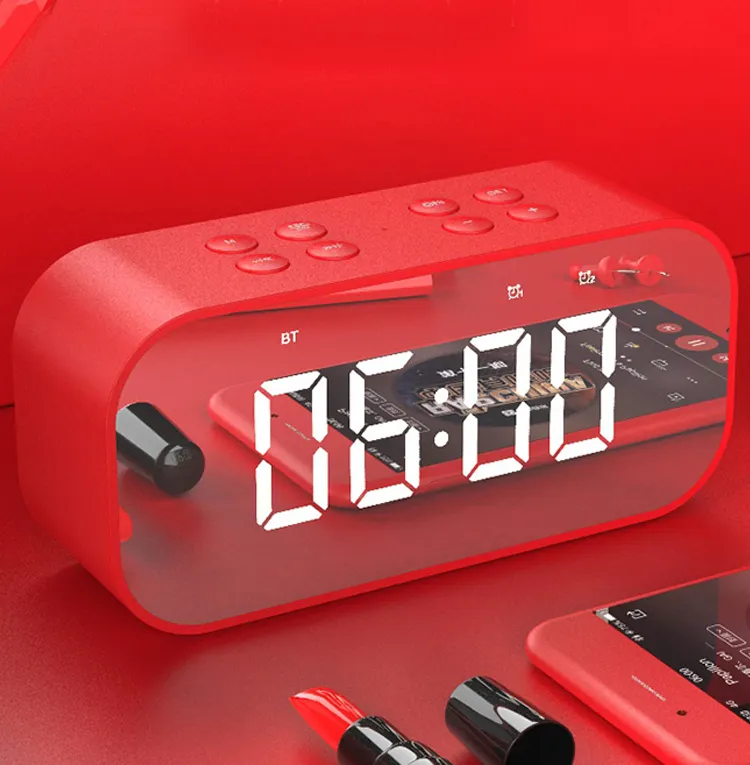 Alto-falante portátil de 5w com rádio fm, despertador superfície espelhado, com display de led, bluetooth