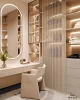 Armoire Moderne Minimaliste Personnalisée pour Chambre à Coucher, Meuble de Rangement Extensible avec Portes Battantes Verrouillables et Zone de Coiffeuse, Menuiserie Sur Mesure