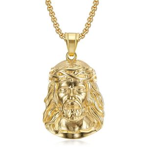 Collier pendentif visage de Jésus en acier titane plaqué or avec serti pavé, bijoux hip-hop pour homme, cadeau - Product Image 5