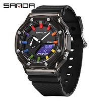 Jam Tangan Analog Digital Pria dengan Bezel Oktagonal, Casing Transparan, Indeks Pelangi, Tali Resin, Multifungsi, Jam Tangan Olahraga.