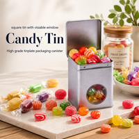 Boîte en métal carrée avec charnière et fenêtre transparente pour l'emballage de bonbons, biscuits et chocolats, de qualité alimentaire et recyclable, vente en gros
