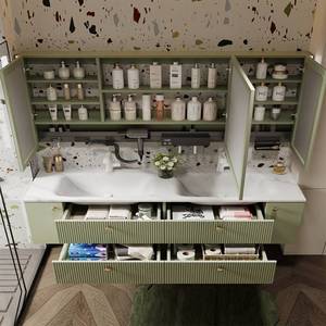 High end villa customized rock slab hot bending integrated double basin intelligent lighting defogging <b>mirror</b> bathroom cabinet - Product Image 6