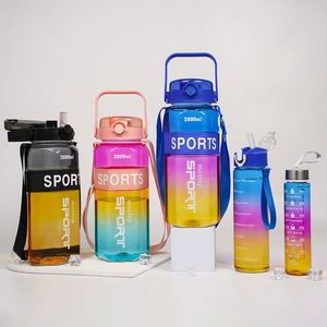 Botella de agua esmerilada con asa portátil para exteriores para niños, con pajita, gran capacidad, 2000ml, Color degradado, taza de agua deportiva para PC - Product Image 3