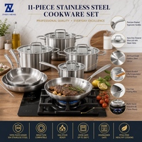 Batterie de cuisine Zhenneng 11 pièces en acier inoxydable 304 triple épaisseur, comprenant 3 casseroles, 3 faitouts, 2 poêles et 1 casserole à lait, compatible gaz et induction