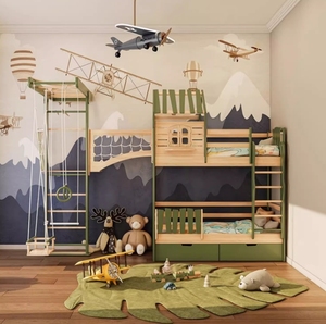 Кровать из массивной сосны, деревянная панель, Современная высокая и низкая двухъярусная кровать с игровой качели, рама для дома, детская мебель - Product Image 1