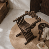 Chaise de salle à manger vintage en bois massif, faite à la main, avec dossier sculpté orné, style moderne, fauteuil avec base en X