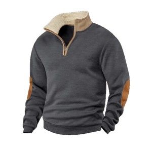 Sweat-shirt à fermeture éclair pour homme, coupe ajustée, manches longues, vêtements de loisirs, noir avec patchwork marron - Product Image 2