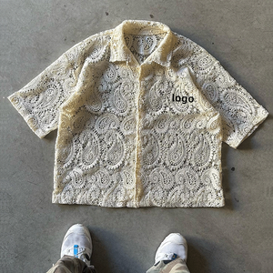 Qianjiayi Camicie in Rete da <span class=keywords><strong>Uomo</strong></span> Oversize con Logo Ricamato Personalizzato, Stile Streetwear Vintage in Cotone Pesante Nero e Bianco - Product Image 4