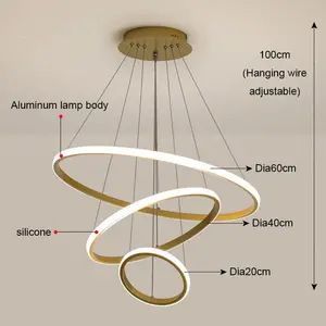 โคมไฟโมเดิร์นตกแต่งบ้าน,โคมไฟระย้าทรงกลมแขวนสำหรับโรงแรมดีไซน์3วงแหวนอะคริลิกสีทองหรูหราไฟ Led