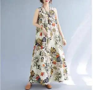 Falda larga de gran tamaño para mujer, nuevo estilo de verano, estampado suelto, sin mangas, de algodón y lino, vestido largo tipo chaleco