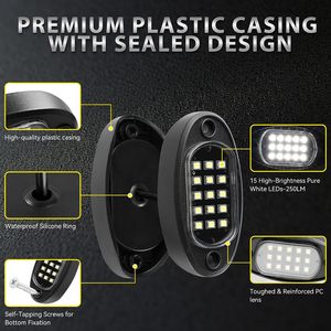 16 pods d'éclairage LED blanc pur pour roches avec faisceau de câblage, interrupteur de coupure d'alimentation, éclairage sous châssis 6000K, 12V 36W, étanche pour camions et VTT - Product Image 4