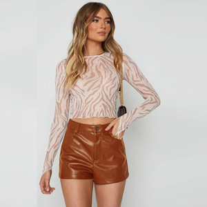 Mini Shorts da ragazza in <span class=keywords><strong>pelle</strong></span> marrone Chic tinta unita a vita alta da donna per tutte le stagioni pantaloncini in <span class=keywords><strong>pelle</strong></span> sintetica - Product Image 1