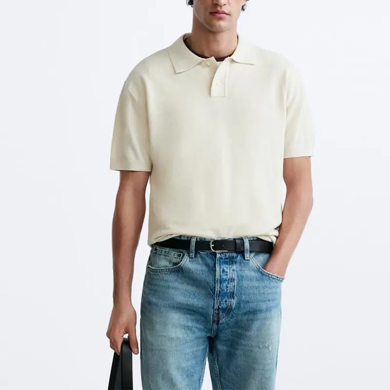 Kaus Polo rajut katun lembut Logo kustom rajutan lengan pendek baru musim panas sweter berjalur berkancing kerah Lapel pria