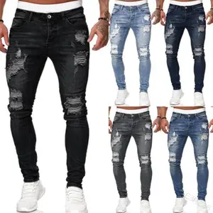 Pantalones vaqueros rasgados para hombre, Jeans ajustados elásticos, de talla grande, Hip Hop, informales, para correr, color negro y azul