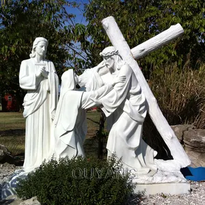 QUYANG Ukiran Tangan Luar Ruangan Patung Marmer Maria, Batu Putih Patung Yesus Kristus Stasiun Salib