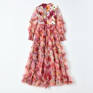 Robe longue de haute qualité, nouvelle collection <span class=keywords><strong>printemps</strong></span> <span class=keywords><strong>2022</strong></span>, pour mariage, fête, femmes, broderie luxueuse, volants, décoration florale, manches longues, robe en maille - Product Image 3