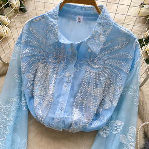 <span class=keywords><strong>Chemisier</strong></span> brodé de paillettes perlées de luxe français haut transparent ample pour femmes pour un style tendance - Product Image 6