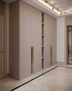 Armoire intégrée beige moderne avec poignées dorées, design de meuble de rangement de luxe pour couloir, pour un intérieur élégant. - Product Image 1