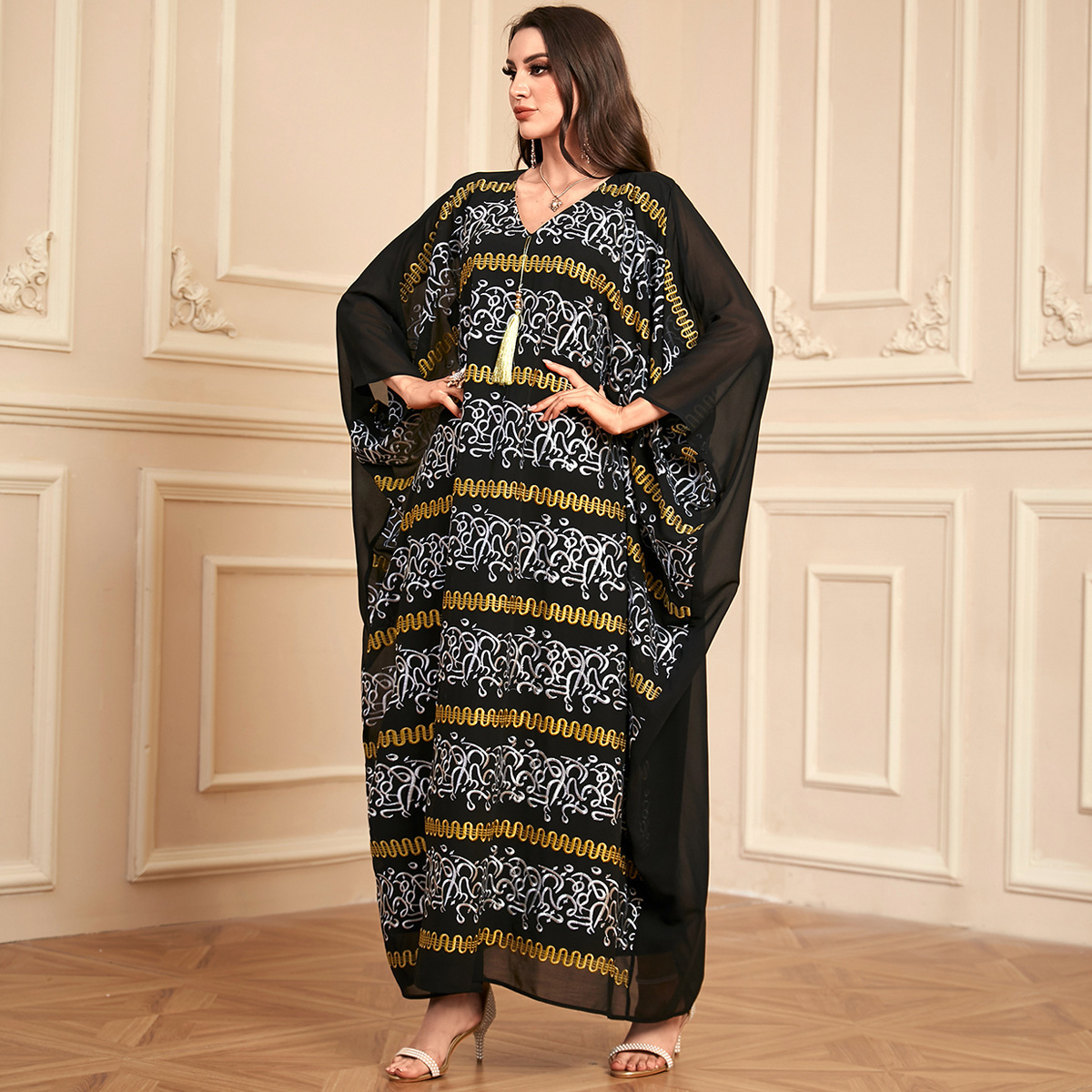 black and gold dress muslimah Muslim Kaftan with & White Pattern occasion:party