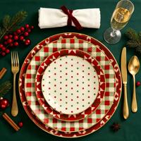 Assiettes de Noël festives à carreaux rouges et verts en céramique avec bord doré – Vaisselle de table en porcelaine pour les fêtes