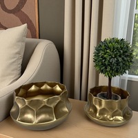 Jarrón de Metal Geométrico Abstracto Moderno, Maceta de Hierro Dorado Texturizado para Decoración del Hogar, Oficina, Centro de Mesa para Bodas